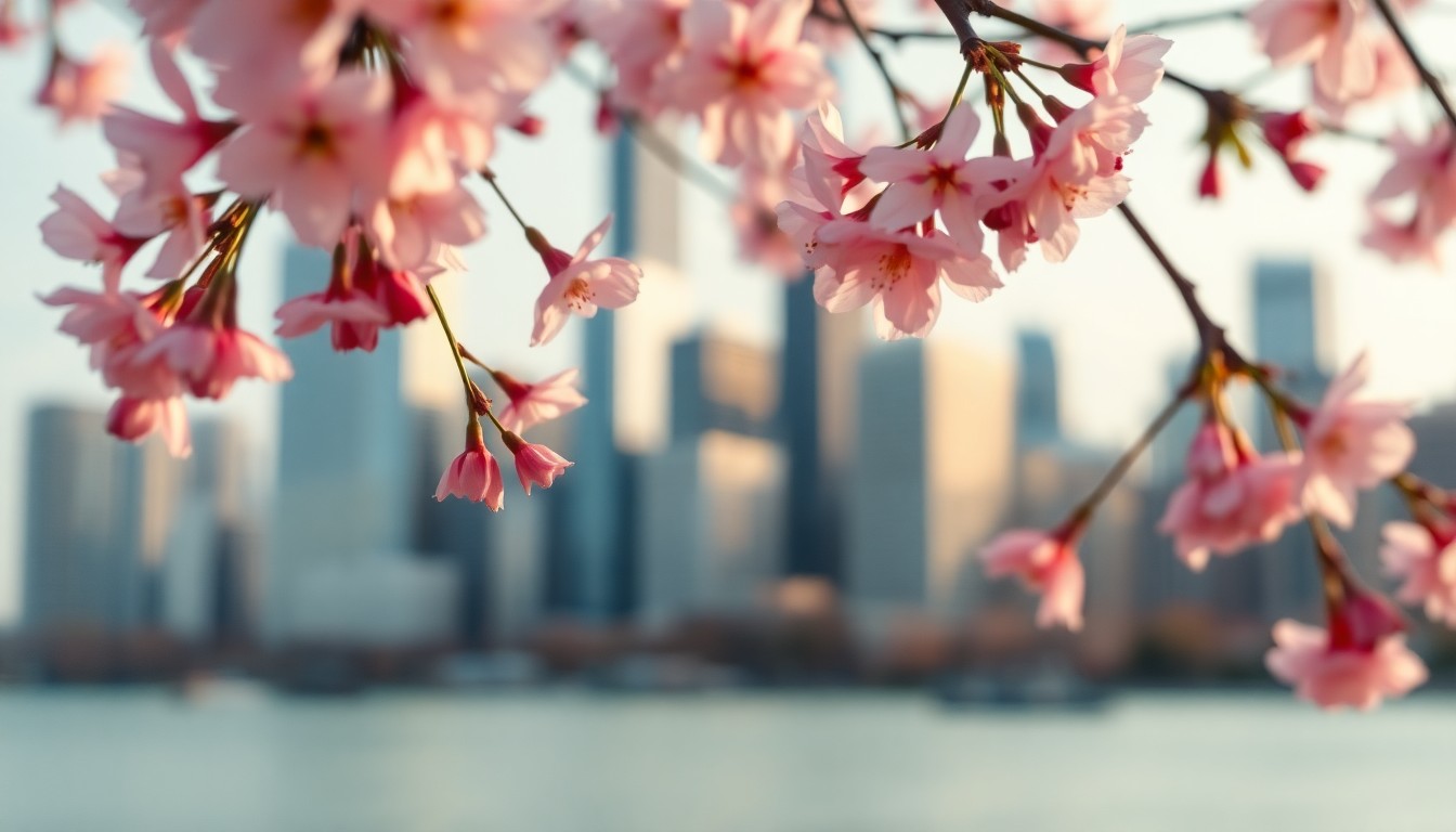 An abstract, impressionistic photograph in soft, pastel tones showing the delicate pink and white petals of cherry blossoms in the foreground, with the blurred outline of the Chicago skyline visible in the background, conveying the fleeting yet vibrant nature of the annual bloom.