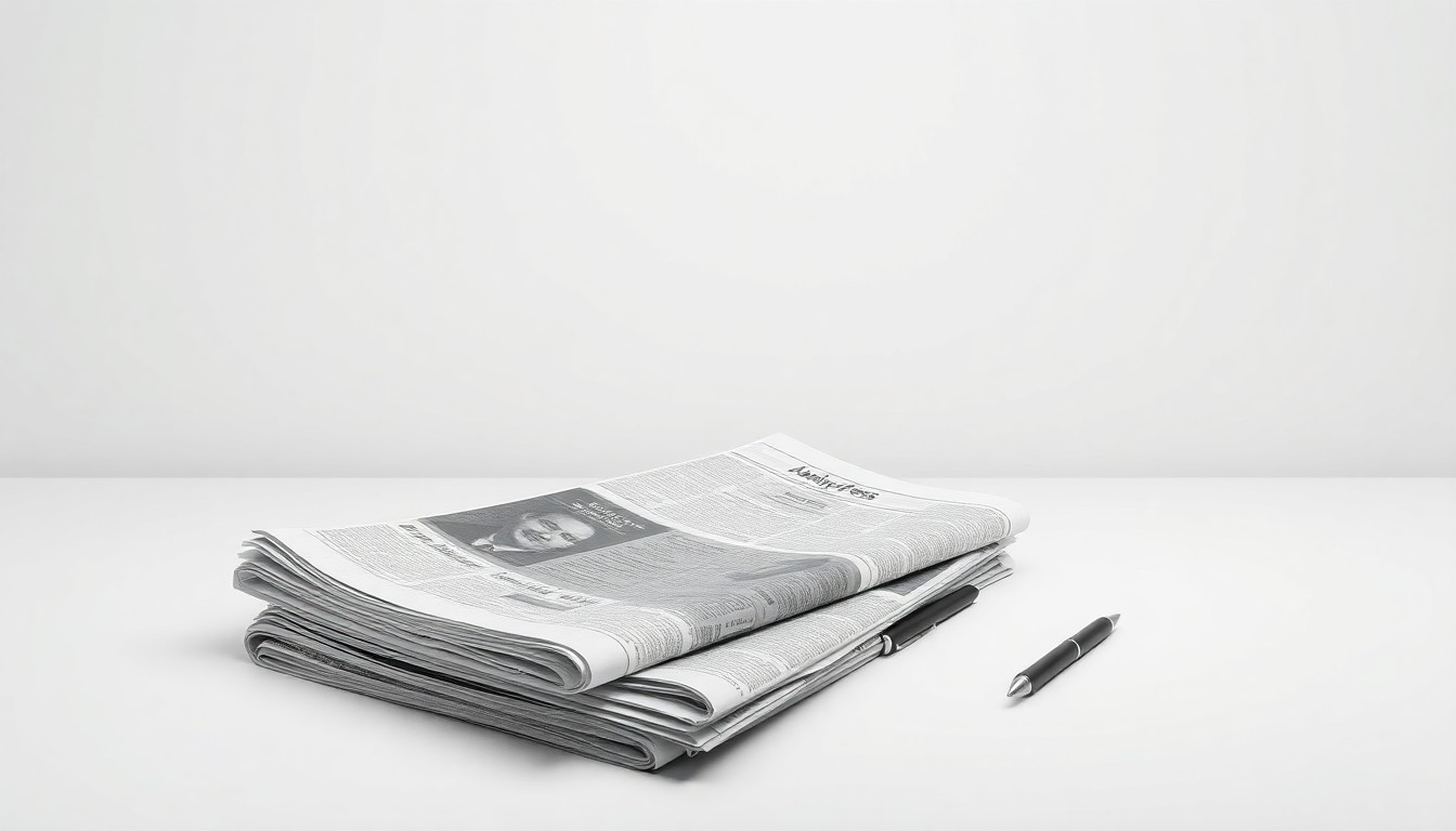 A photorealistic studio still-life image featuring a stack of newspapers, a laptop, and a pen on a clean, monochromatic background, symbolizing the Associated Press' transition away from its traditional newspaper-focused model.