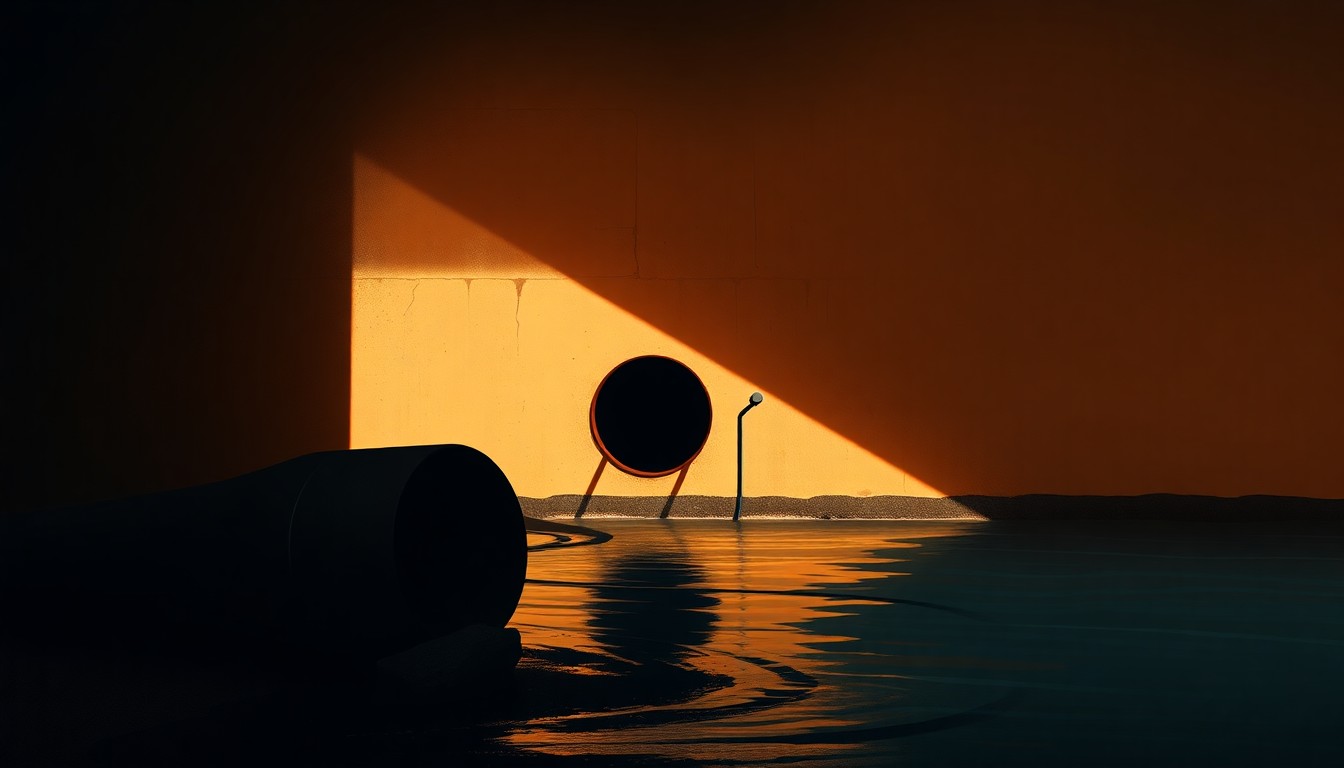 A serene, cinematic painting of a solitary drainage pipe or culvert along the Tijuana River, with warm sunlight and deep shadows creating a nostalgic, contemplative mood that reflects the environmental challenges facing the region.