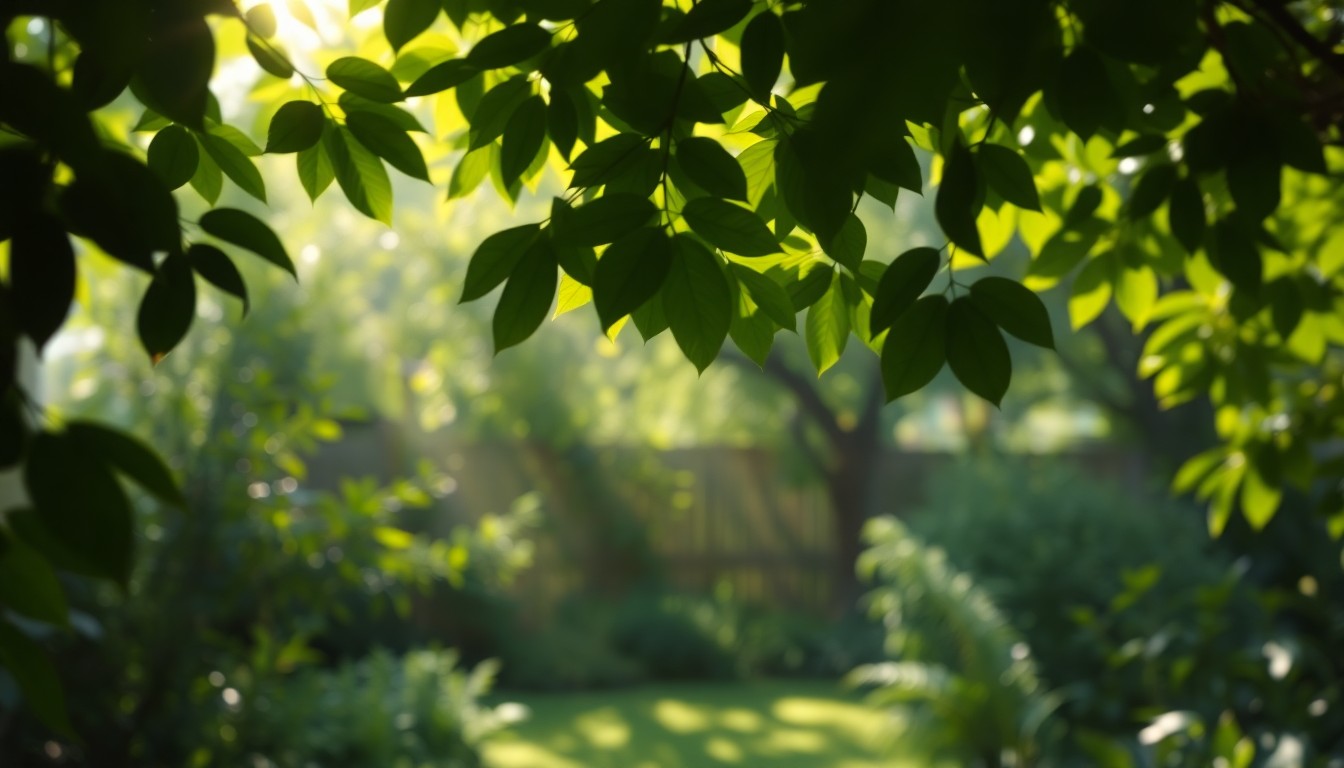 An extremely abstracted, out-of-focus photograph of a verdant backyard scene, with soft pools of warm sunlight and blurred foliage, conceptually representing the peaceful lifestyle and connection to nature that defined Daniel Earl Duncan's life.