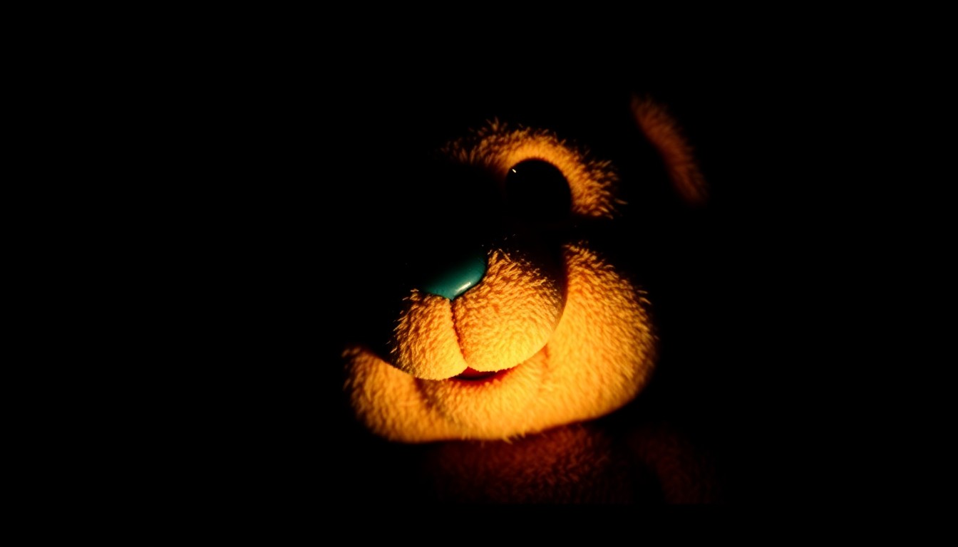 An extreme close-up photograph of a child's stuffed animal, its fabric and stitching sharply illuminated by a harsh flash against a pitch-black background, conveying the serious, investigative nature of the criminal case.