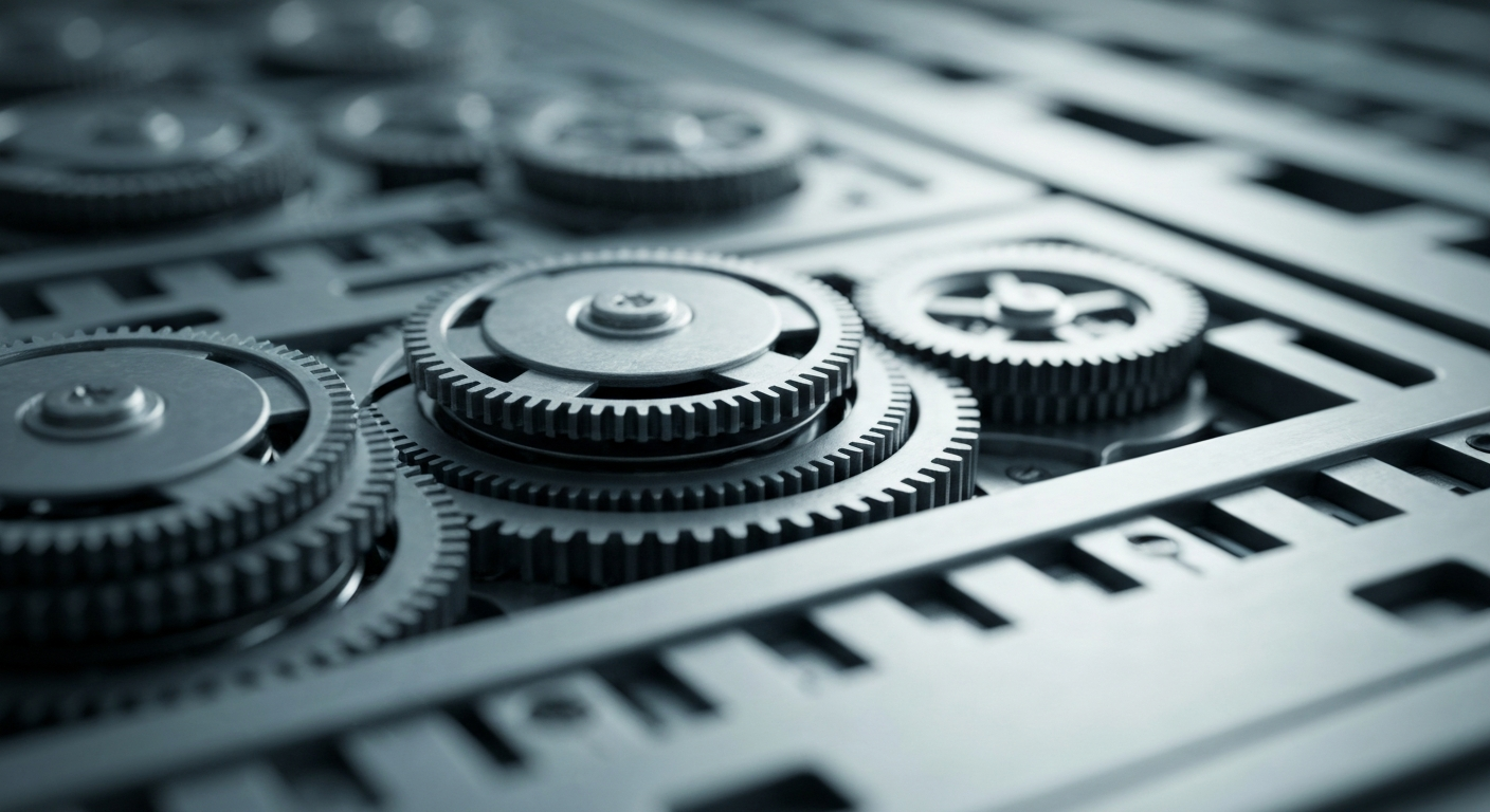 An extreme close-up of the complex internal components of a stock trading terminal, with a focus on the precision machinery and metallic textures that power the financial markets.
