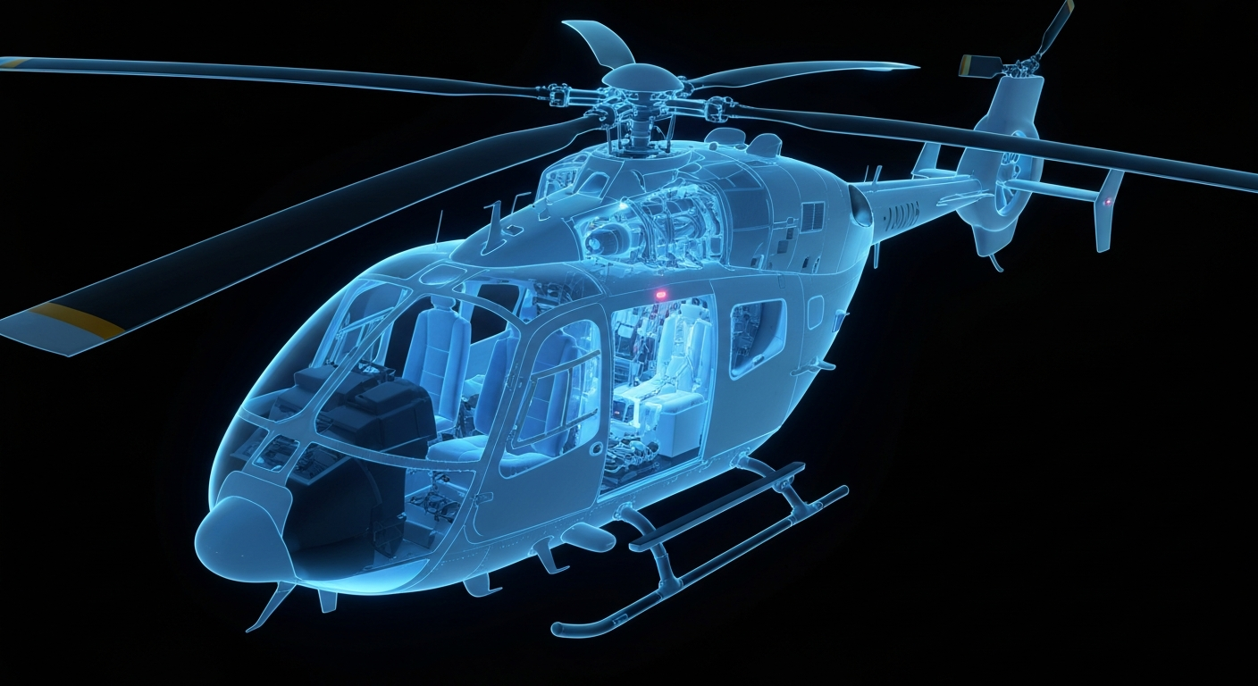 A translucent X-ray photograph showing the internal structure and mechanics of a medical helicopter in flight, with its glowing components against a dark background.