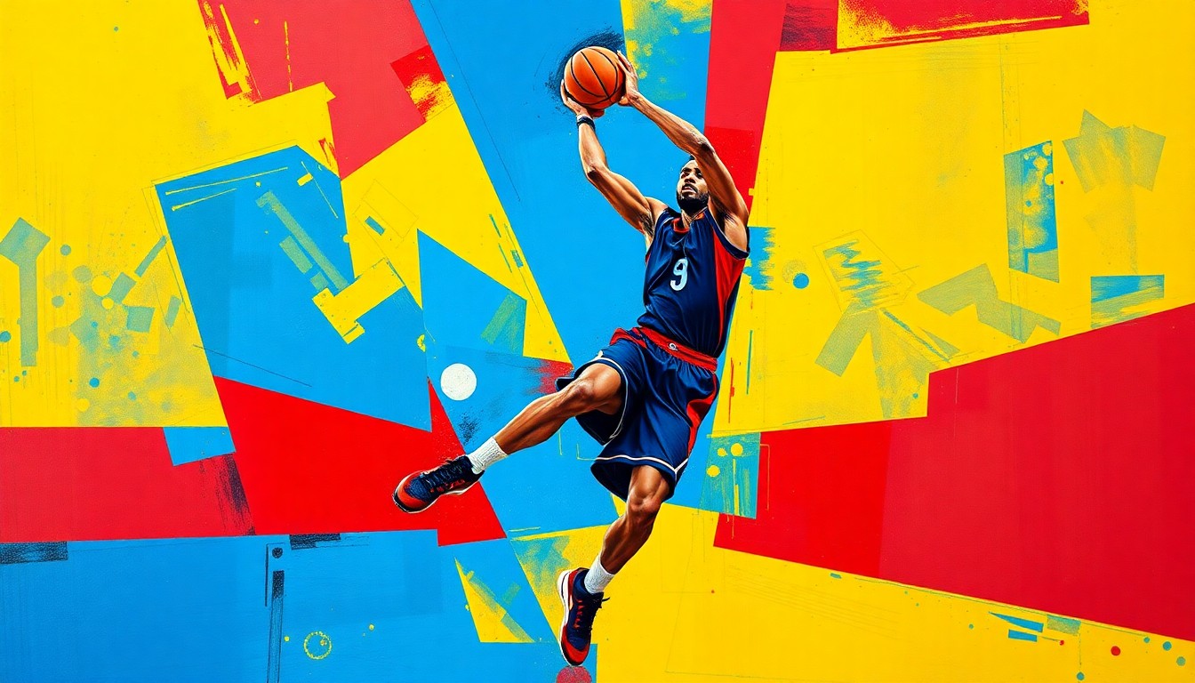 A cubist, geometric illustration depicting a basketball player's movements broken down into overlapping planes of crimson, blue, and yellow, conveying the transition and change facing the Oklahoma Sooners program.