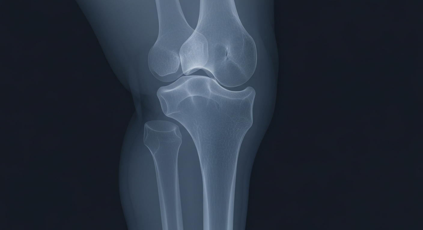 A ghostly, translucent X-ray photograph revealing the internal structure of a human knee joint, symbolizing the clinic's focus on performance-based physical therapy.