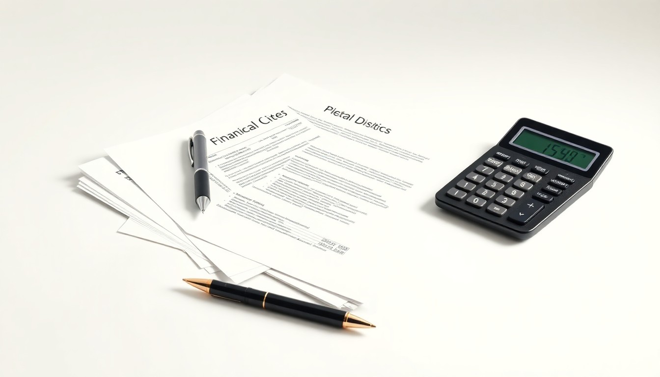 A minimalist studio still life featuring a stack of financial documents, a pen, and a calculator arranged on a clean white background, symbolizing the merger of two wealth management firms.