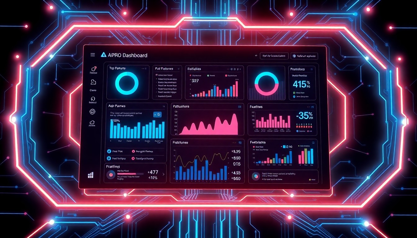 A glowing, high-tech 3D illustration of a digital dashboard interface with various controls, metrics, and visualizations, surrounded by a futuristic, neon-lit cybernetic framework, conceptually representing the advanced AI capabilities of AIPro360's all-in-one marketing and sales platform.