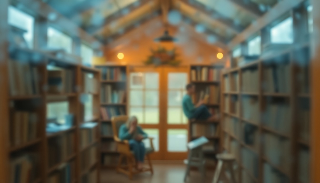 An impressionistic, out-of-focus scene depicting the warm, cozy atmosphere of a reading shed, with blurred shelves of books and soft natural light filtering through a window.
