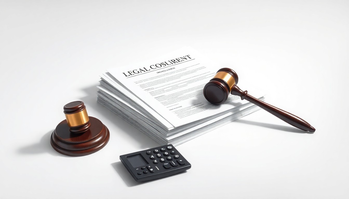 A photorealistic studio still life featuring a stack of legal documents, a gavel, and a calculator arranged on a clean white background, conceptually representing the legal process and financial stakes involved in a securities class action lawsuit.
