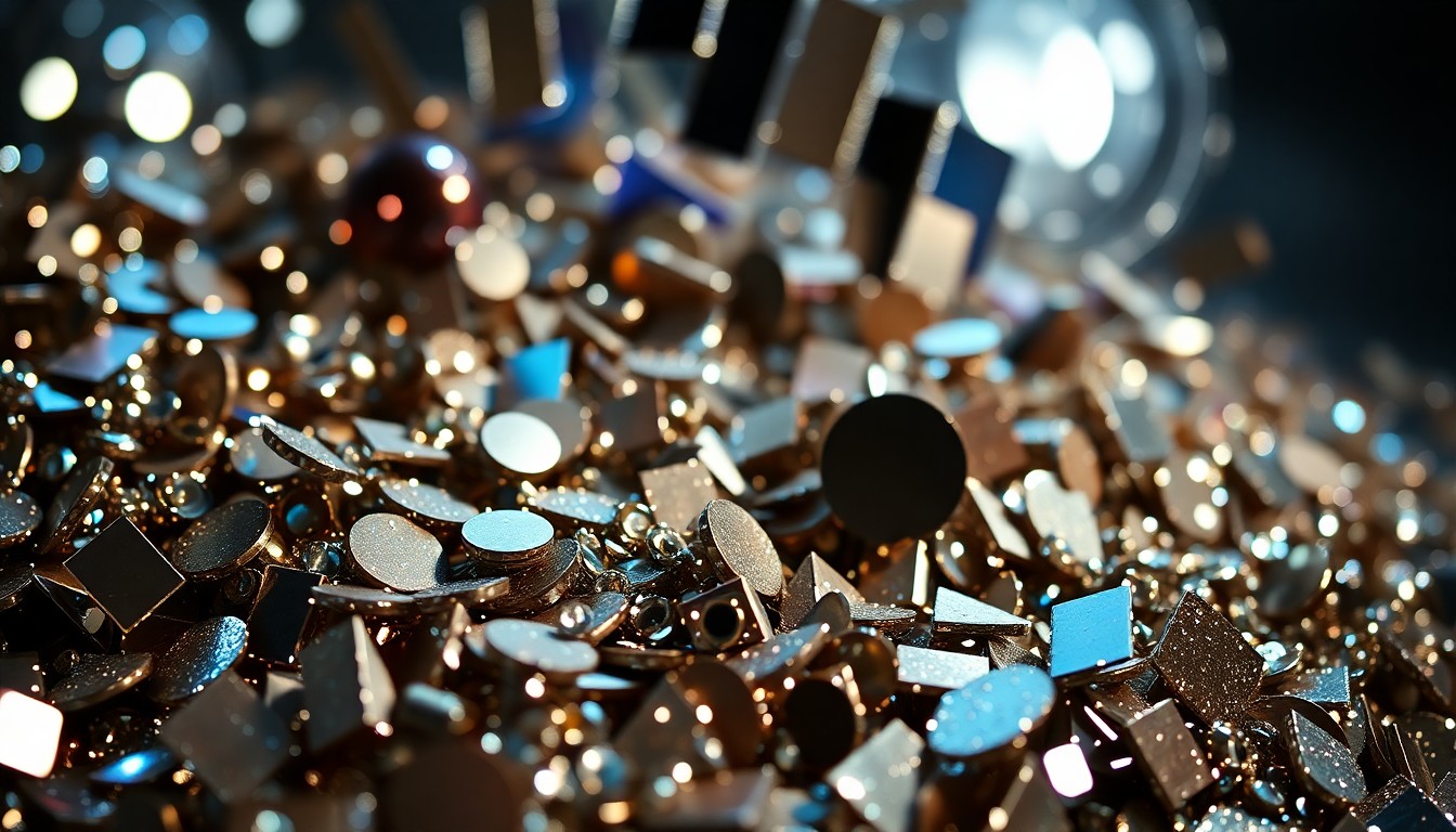 An abstract close-up photograph of sparkling sequins and shattered disco ball fragments, capturing the glitz and glamour associated with Stevie Nicks' legendary rock star image.