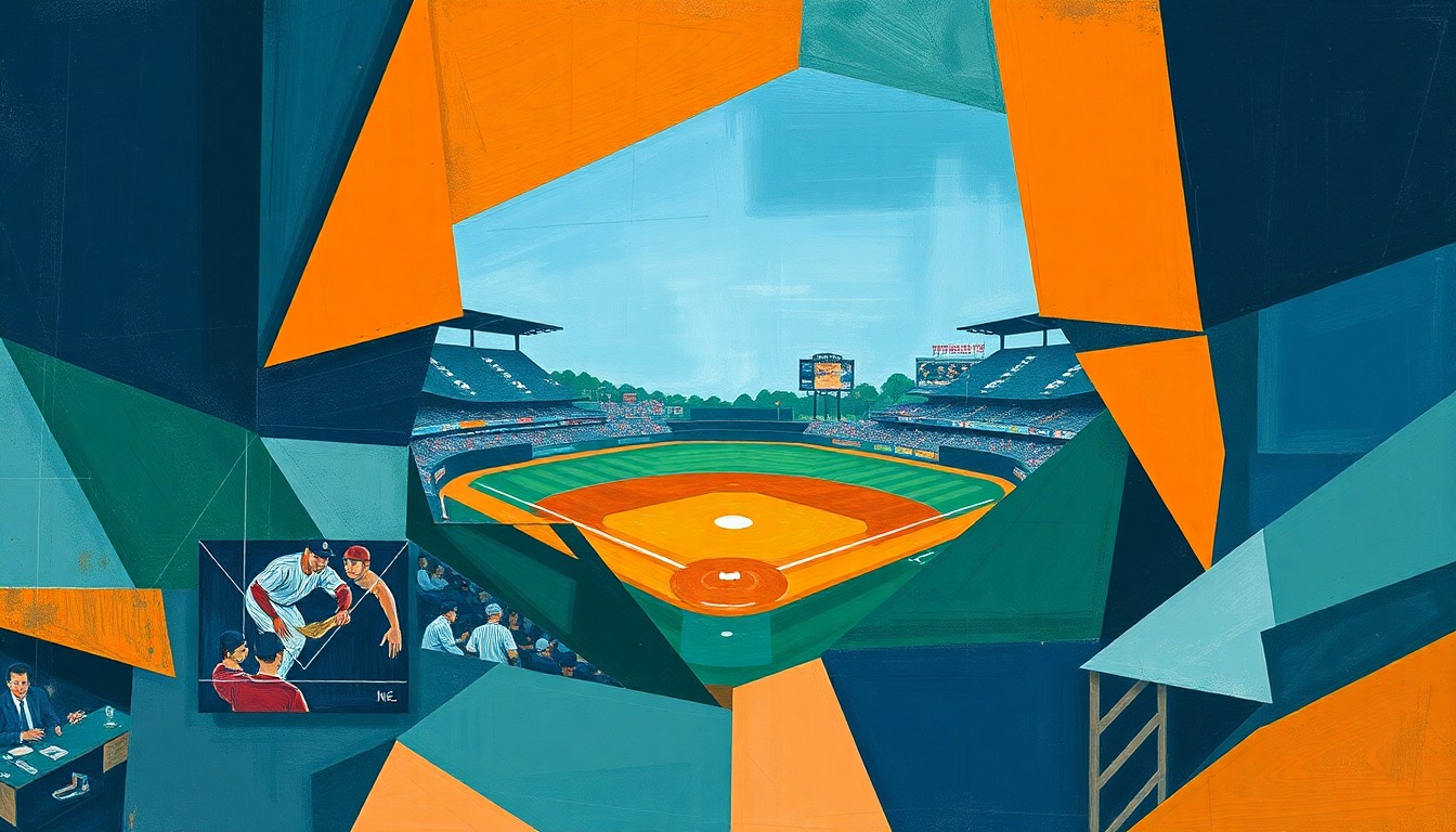 A fragmented, cubist-style painting depicting a baseball game broken down into overlapping geometric shapes and planes in navy, green, and orange tones, conveying the disruption and rearrangement caused by the weather-related schedule change.