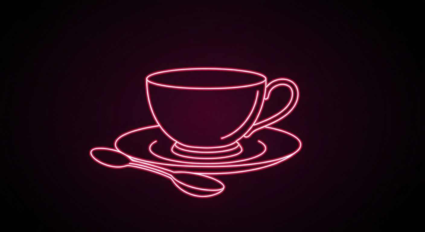 A minimalist neon outline of a teacup, saucer, and spoon against a dark background, conceptually representing the energy and community spirit of a high tea fundraiser event.
