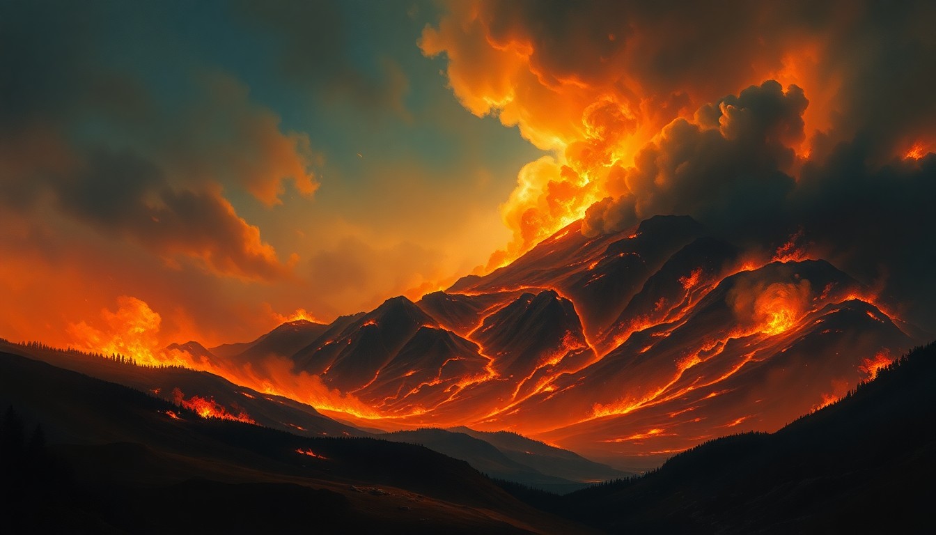 A sweeping, atmospheric landscape painting in muted earth tones, with billowing plumes of smoke and flames consuming a vast, mountainous expanse, conveying the overwhelming scale and power of a wildfire disaster.