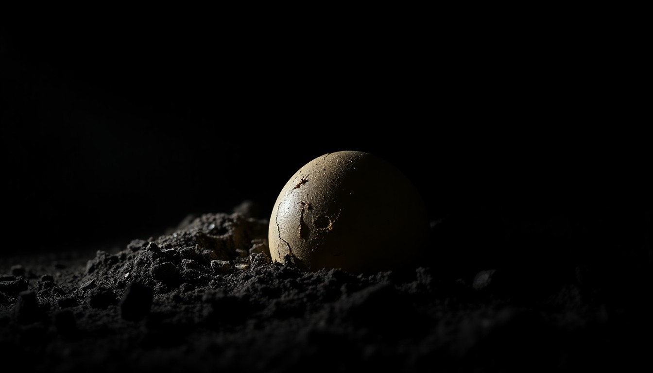 An extreme close-up photograph of a partially buried, round object in the dirt, lit by a harsh, direct camera flash against a pitch-black background, conceptually representing the potential human remains found during an Easter egg hunt in a California park.