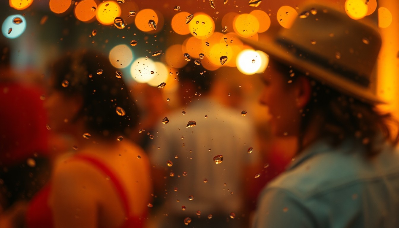 An abstract, out-of-focus photograph in warm, hazy tones depicting blurred shapes and silhouettes of people engaged in various lifestyle activities, conveying the relaxed and welcoming atmosphere of the events in Laredo.