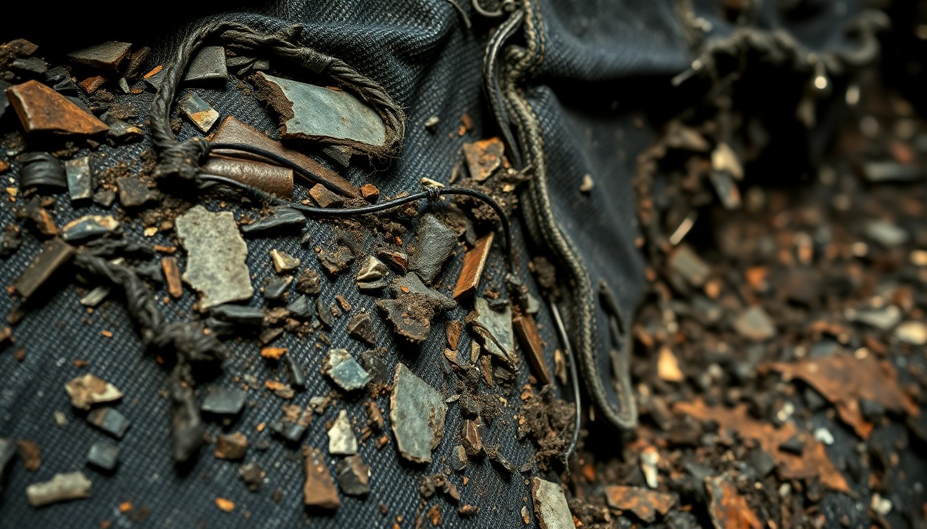 An extreme close-up photograph featuring shredded black leather, ripped denim, and crushed metal, conveying the raw, gritty energy of a thrash metal concert through dramatic lighting and texture.