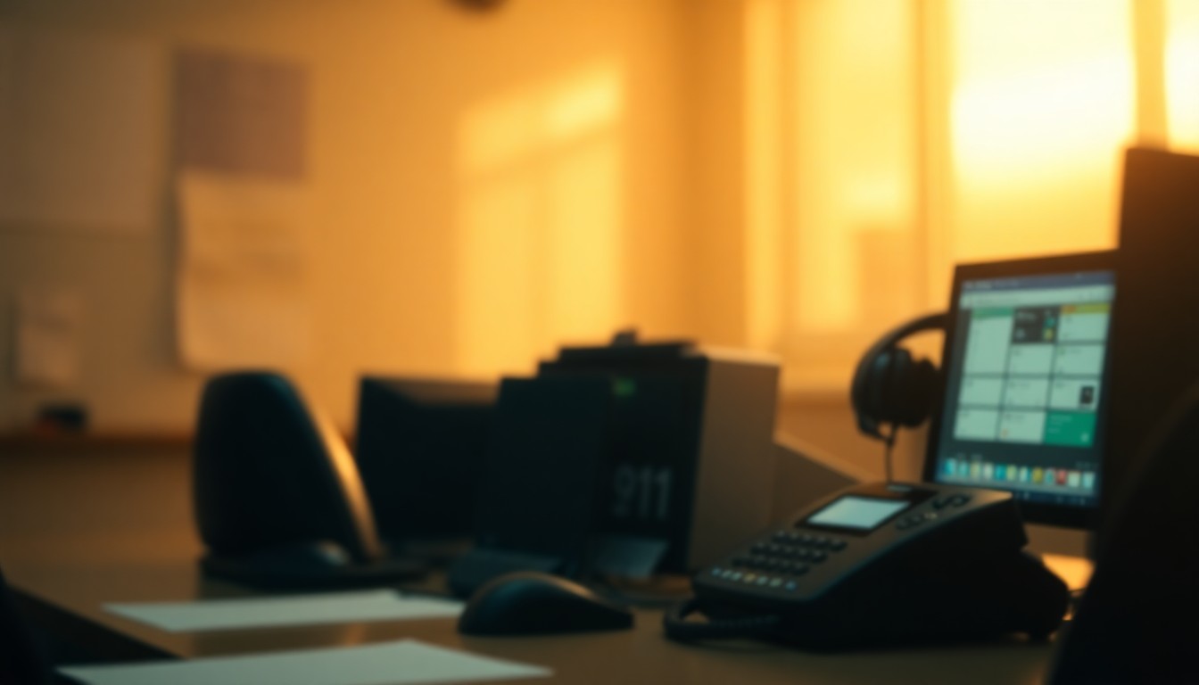 A blurred, atmospheric scene of a 911 operator's desk, with a telephone, headset, and computer monitor visible through a hazy, warm light, conceptually representing the crucial but often unseen work of emergency dispatchers.