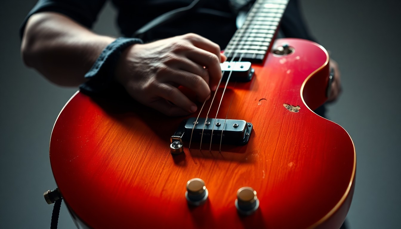 An extreme close-up photograph of a well-worn electric guitar, its surface covered in intricate patterns of scratches, dents, and discoloration, creating a visually striking and textural representation of the instrument's history and the musical legacy of the band that plays it.