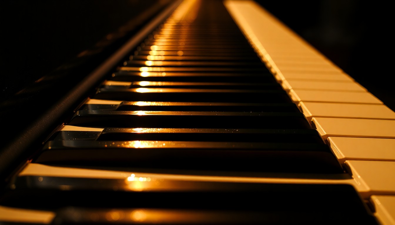An extreme close-up photograph of a piano keyboard's glossy black surface and metallic keys, captured in dramatic studio lighting to create a high-contrast, abstract, and glamorous visual representation of the instrument that enabled a musical savant's rise to worldwide stages.