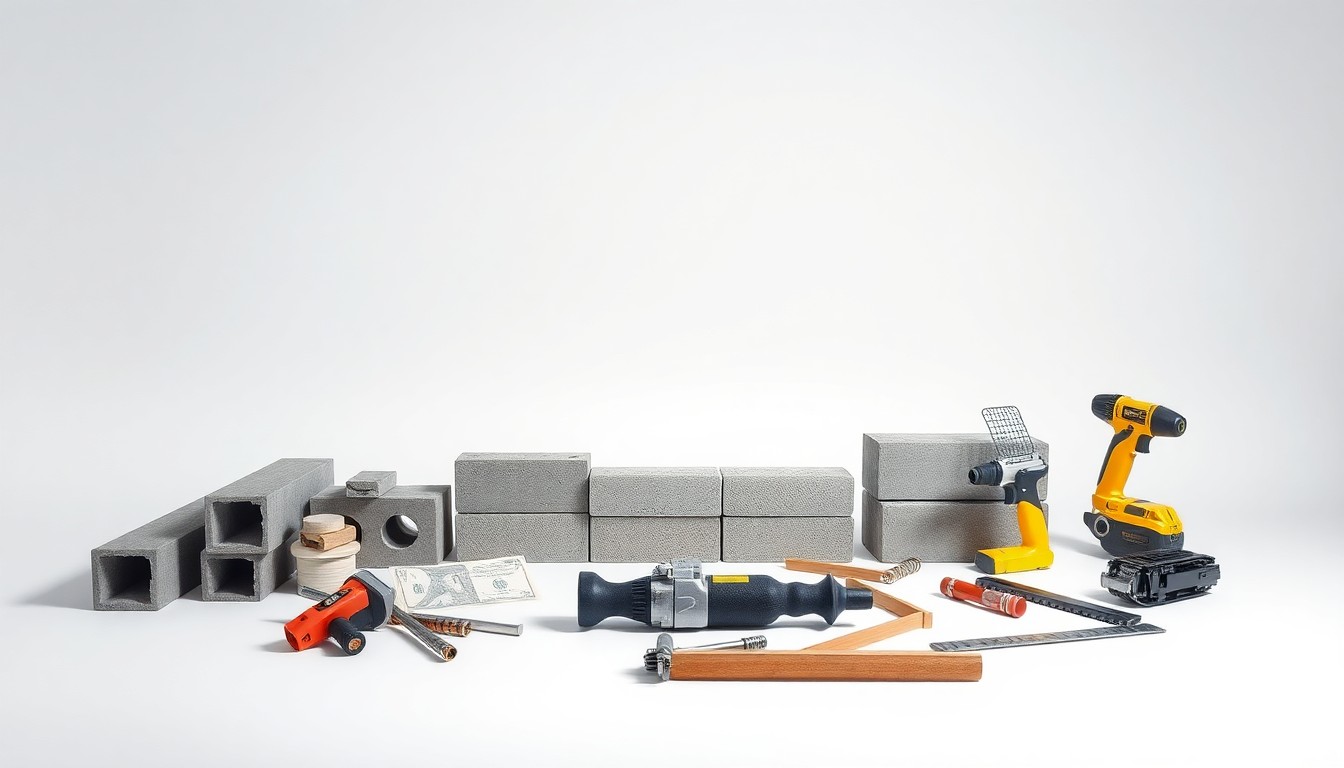 A minimalist studio photograph featuring a selection of construction materials like steel beams, concrete blocks, and power tools arranged elegantly on a clean white background, using dramatic lighting and shadows to symbolize the challenges facing the construction industry.