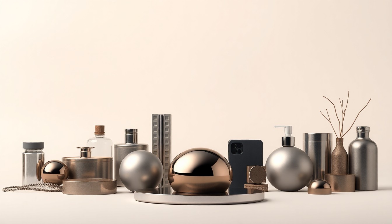 A minimalist studio still life photograph featuring a collection of sleek, geometric objects in muted tones, conceptually representing the transformation of a community through urban redevelopment.