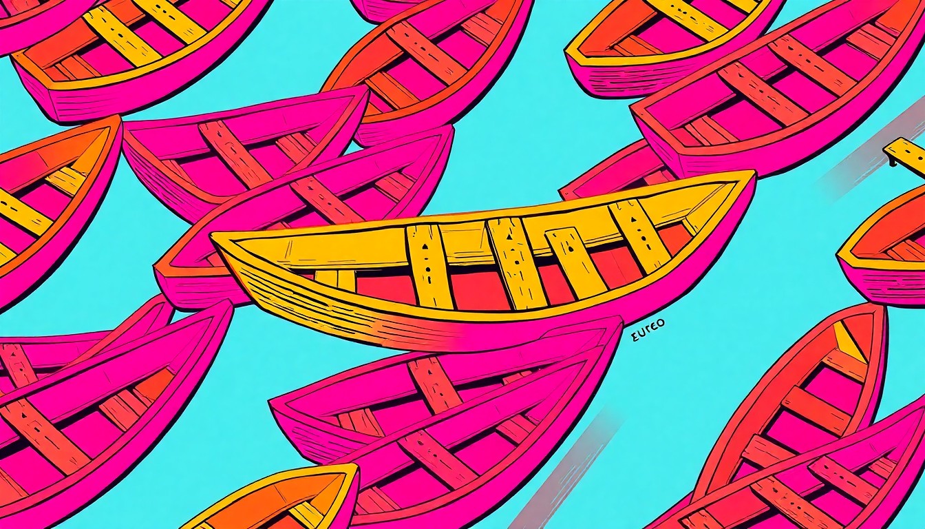 A vibrant silkscreen print featuring a repeating pattern of an old wooden rowboat or raft in a grid, rendered in a high-contrast, neon color palette with heavy black outlines, conceptually representing the core themes of childhood, community, and growing up explored in the book.