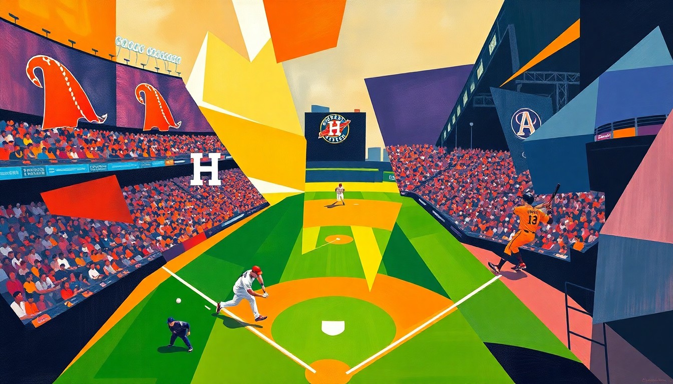 A fractured, multi-perspective painting in vibrant colors, breaking down a baseball game between the Houston Astros and Colorado Rockies into abstract geometric shapes and planes, capturing the energy and movement of the players and the ball.