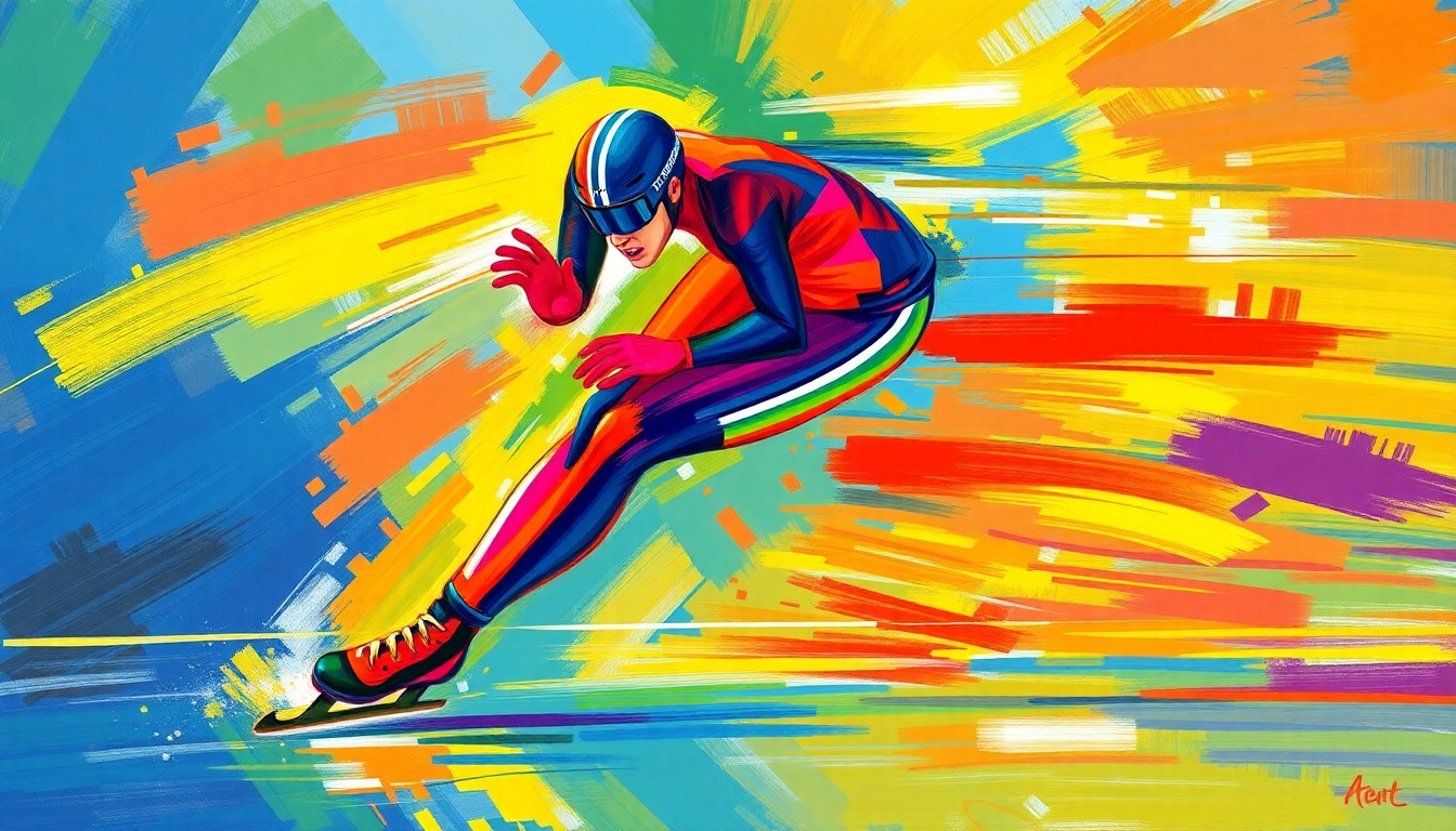 A dynamic, abstract painting in neon colors depicting the blurred motion of a speed skater, conveying the explosive power and speed of the sport.