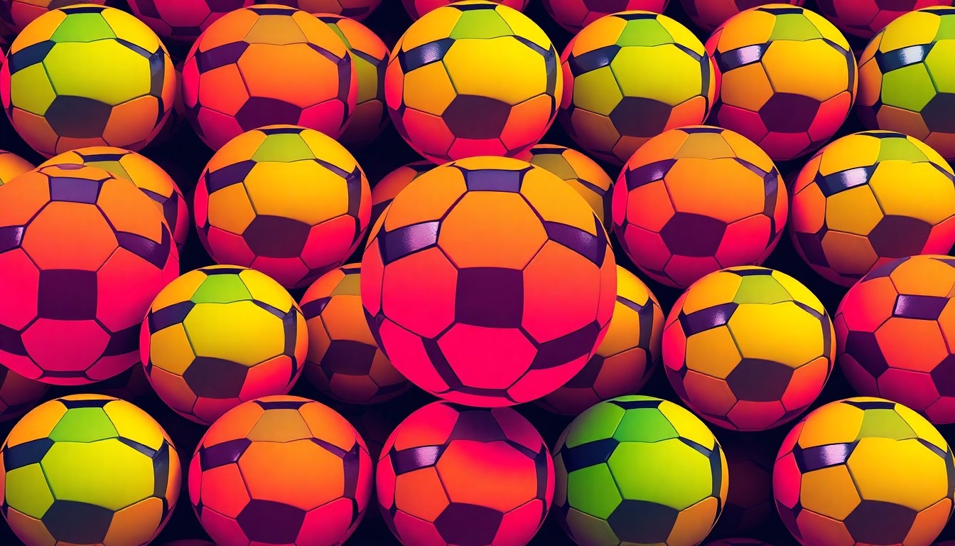 A vibrant, abstract silkscreen print featuring a repeated pattern of a neon green soccer ball against a backdrop of bold, overlapping colors and heavy black outlines, conceptually representing the excitement and energy of a new community sports facility.