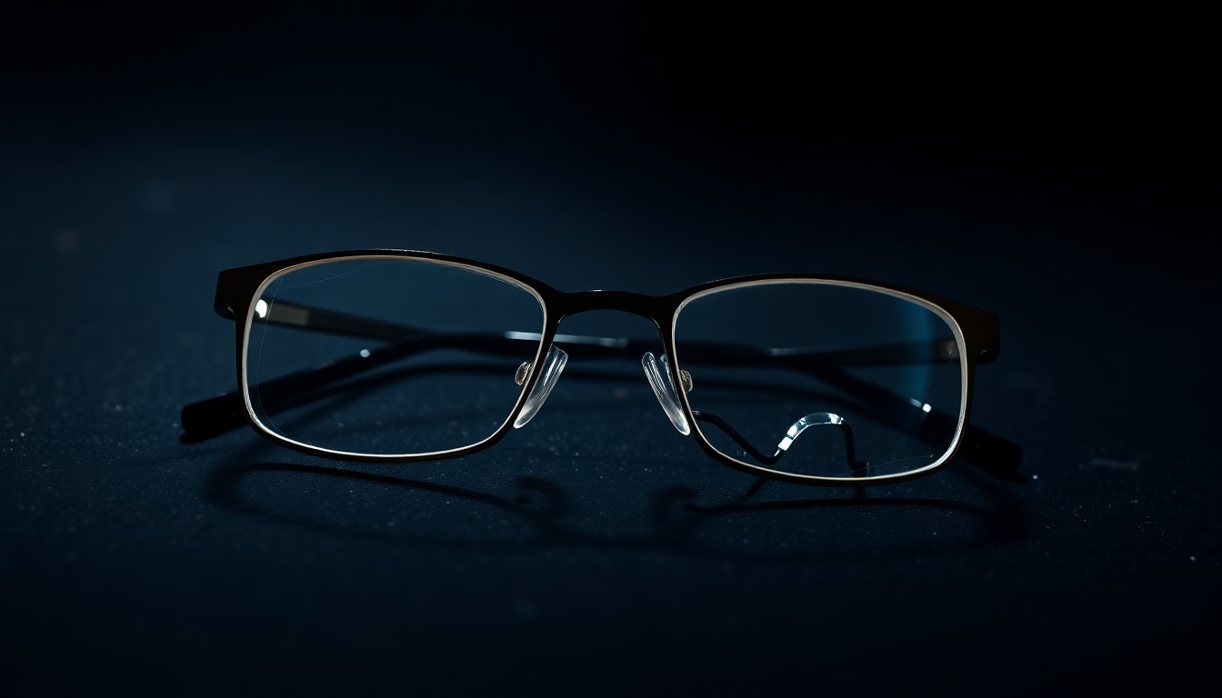 An extreme close-up photograph of a pair of crumpled, twisted eyeglasses on a dark, shadowy surface, conceptually representing the chaos and confrontation of the courtroom incident.