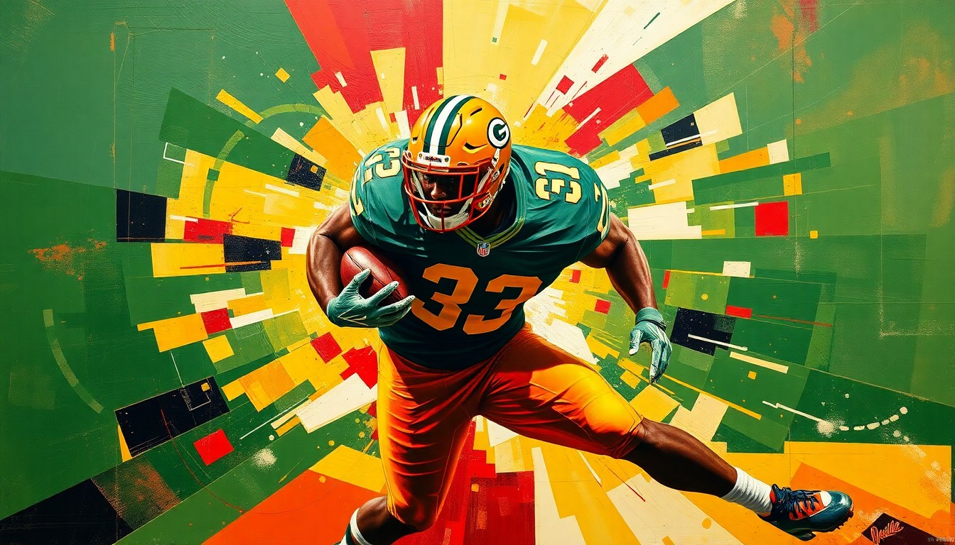 A fractured, geometric painting in bold colors depicting the dynamic movements of a running back, with overlapping planes and shapes representing the power and speed of the player's athletic performance.