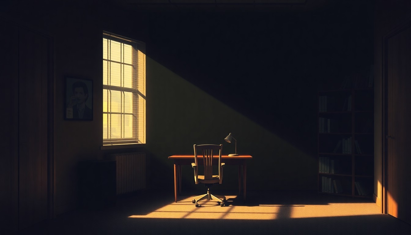 A dimly lit university office space with a lone desk, chair, and bookshelf, bathed in warm, diagonal sunlight and deep shadows, conceptually representing the tensions surrounding a university's decision to remove a director over his political views.