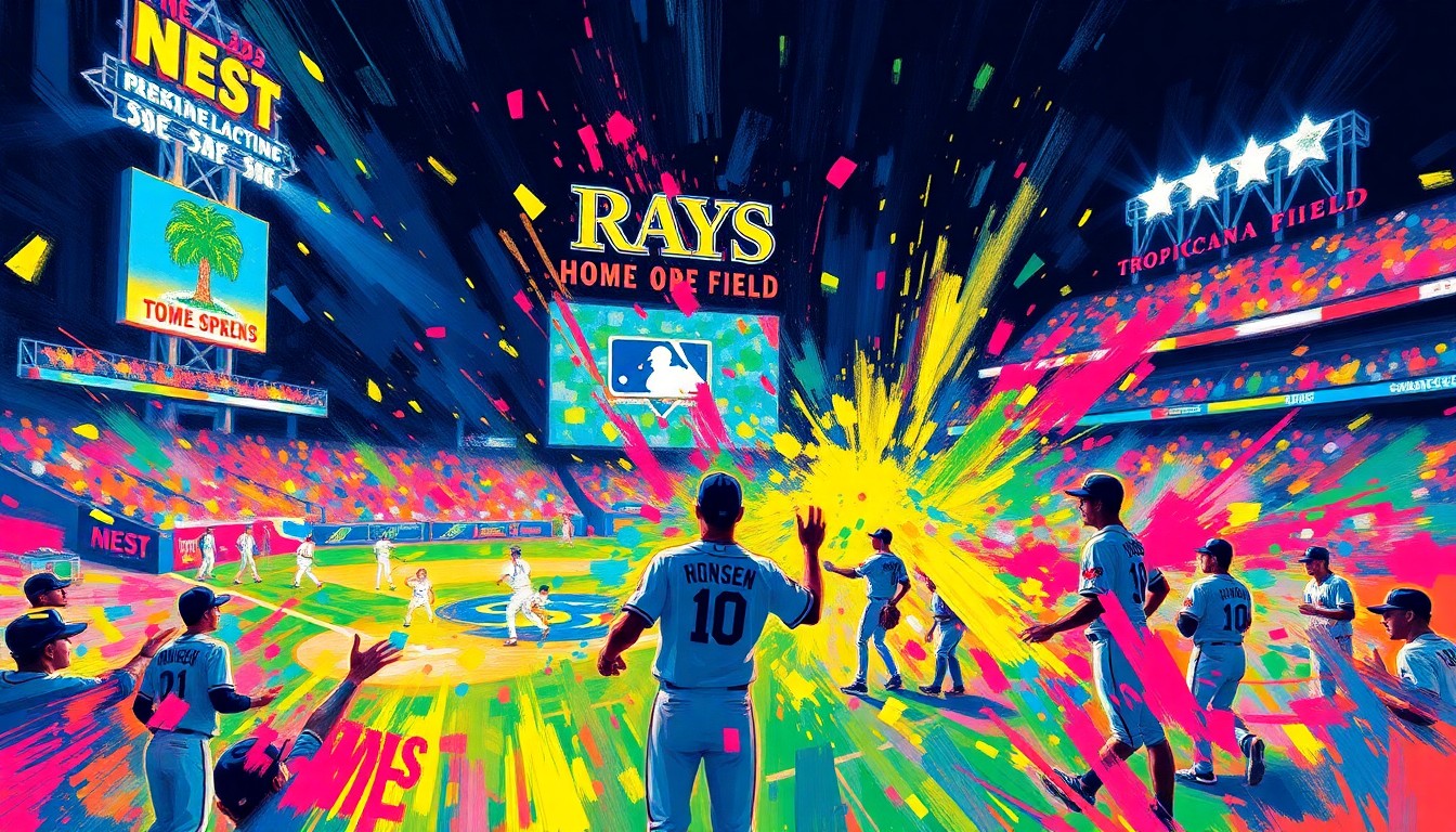 An abstract, expressionist painting in vibrant neon colors, with dynamic brushstrokes and fragmented figures representing the excitement and energy of the Rays' home opener at Tropicana Field.