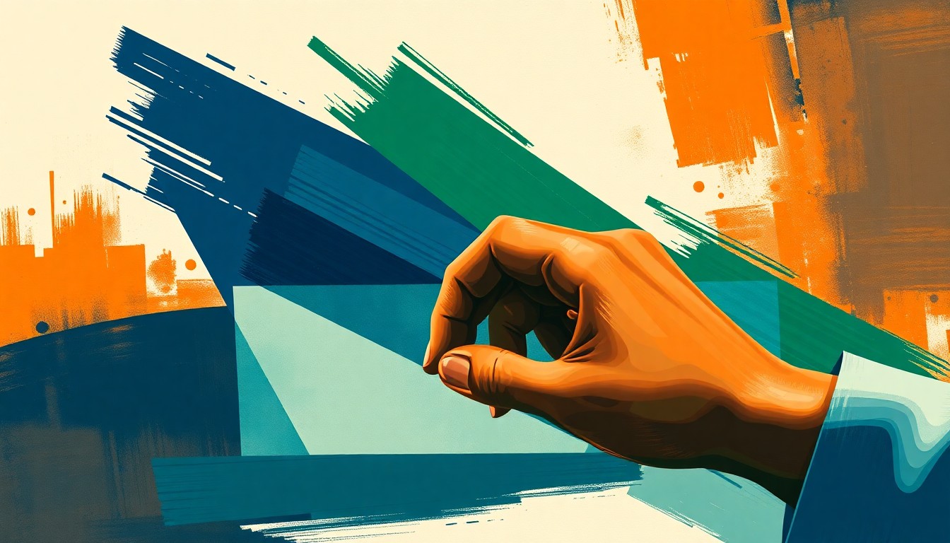 A dynamic, fragmented painting depicting a hand placing a bet on a digital prediction market platform, with overlapping geometric shapes and bold brushstrokes in navy, green, and orange conveying the complex regulatory landscape surrounding these emerging financial technologies.