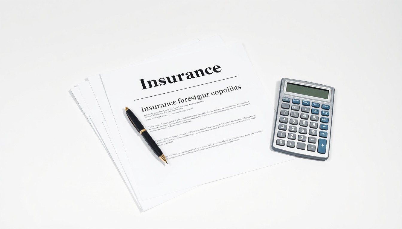 A high-end studio photograph featuring a stack of insurance documents, a pen, and a calculator arranged on a clean white background, conveying the abstract concepts of corporate strategy, finance, and risk management.