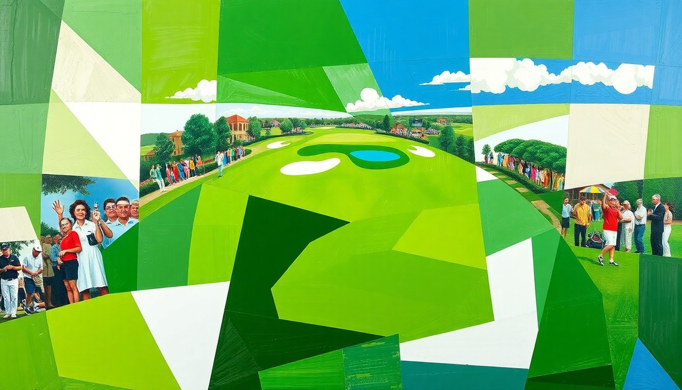 A fractured, multi-perspective painting featuring sharp, overlapping geometric planes in vibrant shades of green, white, and blue, conceptually representing the strategic challenges and competitive spirit of the Masters golf tournament.