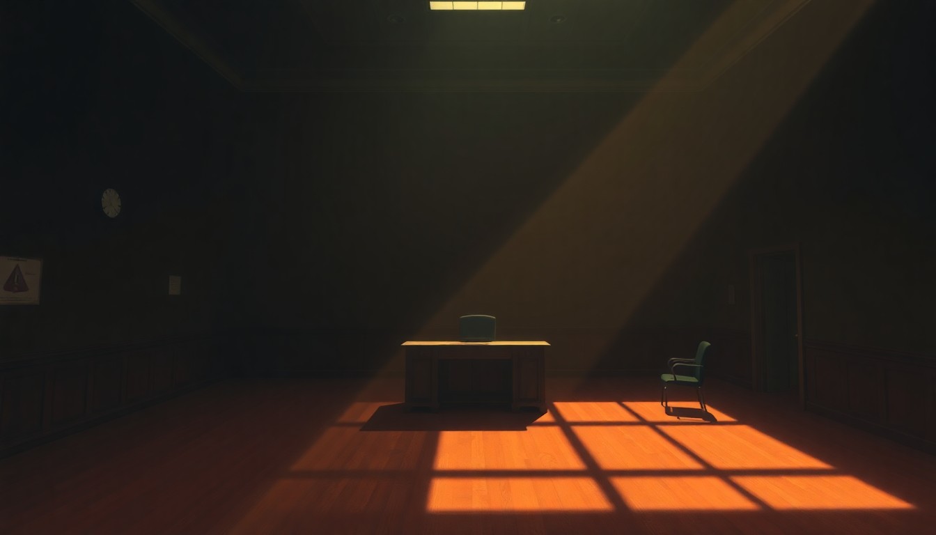 A dimly lit, cinematic painting of an empty legal office or courtroom, with warm sunlight streaming through the windows and deep shadows casting across the desks and chairs, conveying a sense of quiet contemplation and the weight of unresolved legal matters.