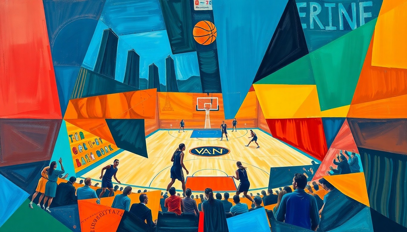 A cubist-style painting featuring sharp, overlapping geometric shapes in vibrant colors like blue, orange, and green, conceptually representing the fast-paced action and energy of a women's basketball game.