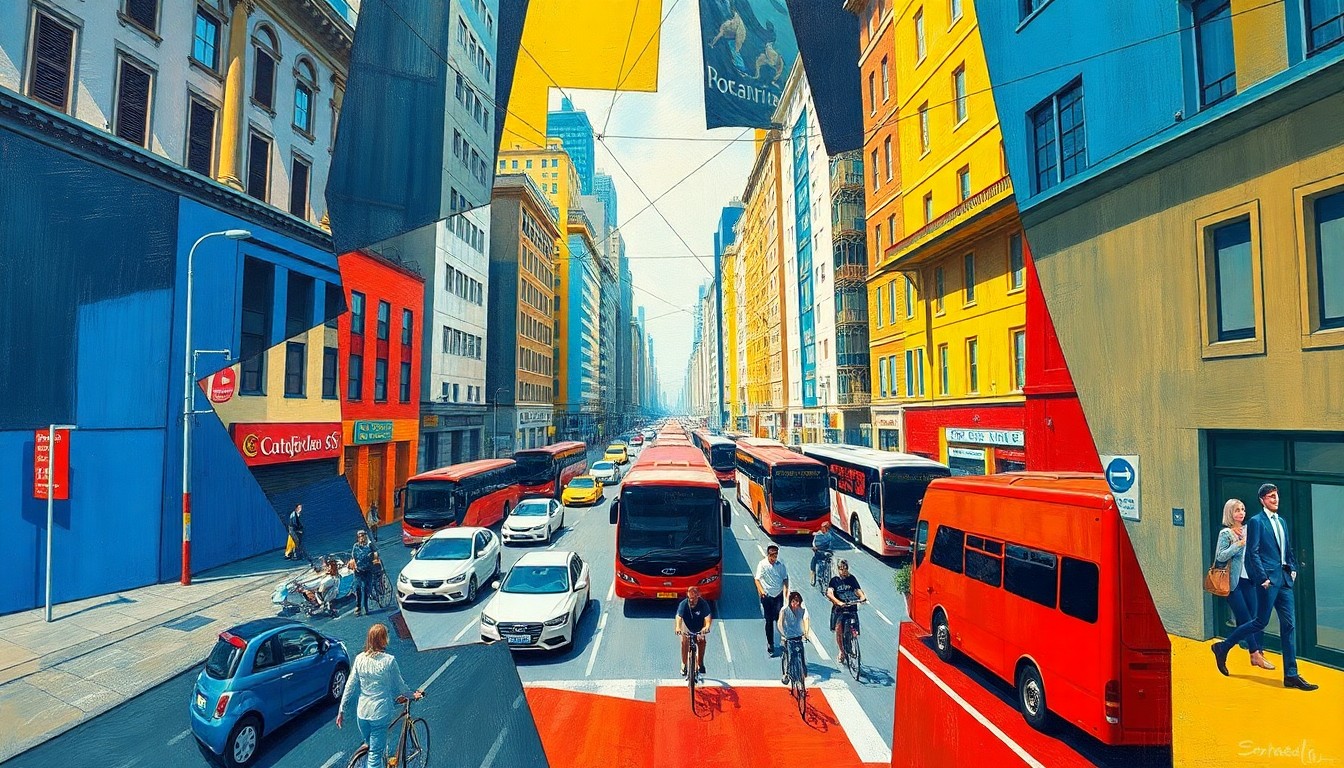 A cubist-style painting depicting an urban street scene with cars, buses, pedestrians, and cyclists rendered in overlapping geometric shapes and vibrant colors, conveying the complexity of transportation in a dense, event-hosting city.