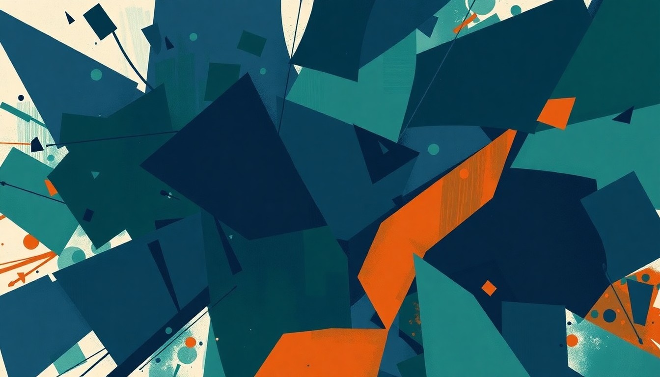 An abstract, fragmented painting of overlapping geometric shapes in navy, green, and orange, conveying the turbulent struggle over voting rights and ballot access.
