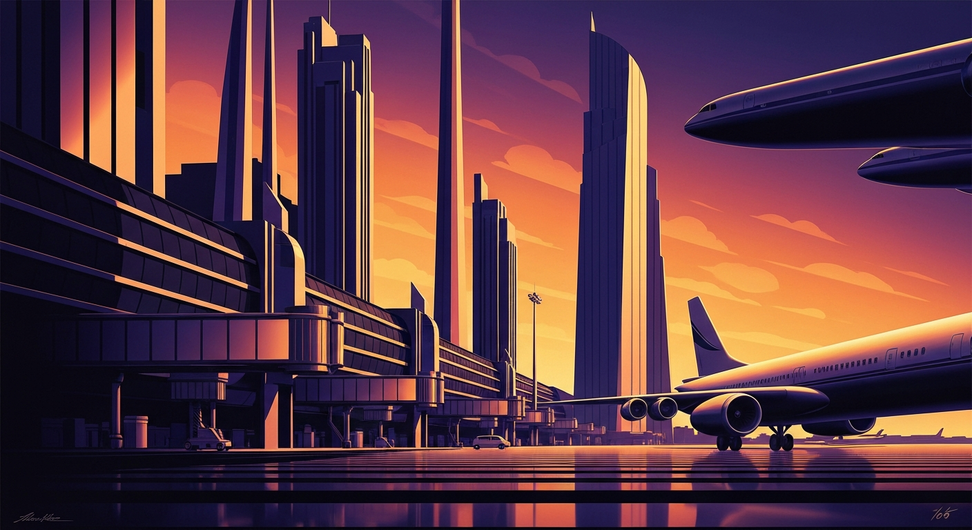 A highly stylized, geometric illustration depicting the grand scale and streamlined forms of air travel, with sweeping gradients in shades of blue, orange, and gray, conveying the excitement and romance of this new nonstop flight route.