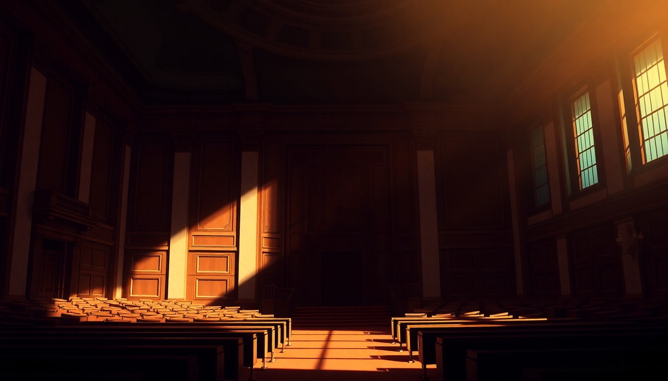 A dimly lit, cinematic painting of an empty government building or legislative chamber, with warm sunlight streaming in through the windows and deep shadows across the walls and floors, conveying a sense of solemnity and contemplation around the topic of money in politics.