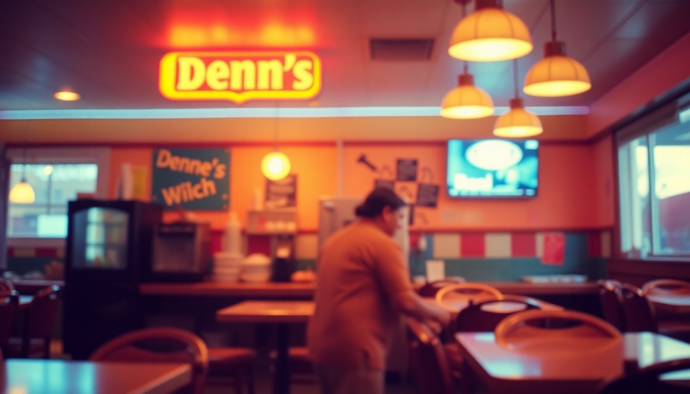 An extremely abstracted, out-of-focus photograph in warm tones, capturing the soft, welcoming atmosphere of a restaurant setting, with indistinct figures and shapes representing the people and objects within.