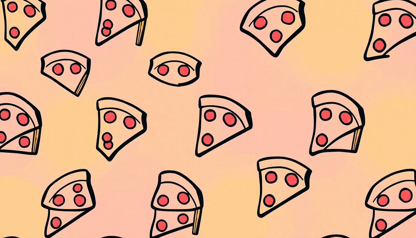 A brightly colored, high-contrast silkscreen print of a single, iconic pizza slice repeated in a tight grid pattern, utilizing flat, vibrant, and unnatural neon color palettes overlapping with heavy black photographic outlines to conceptually represent the iconic status of a beloved local pizzeria.