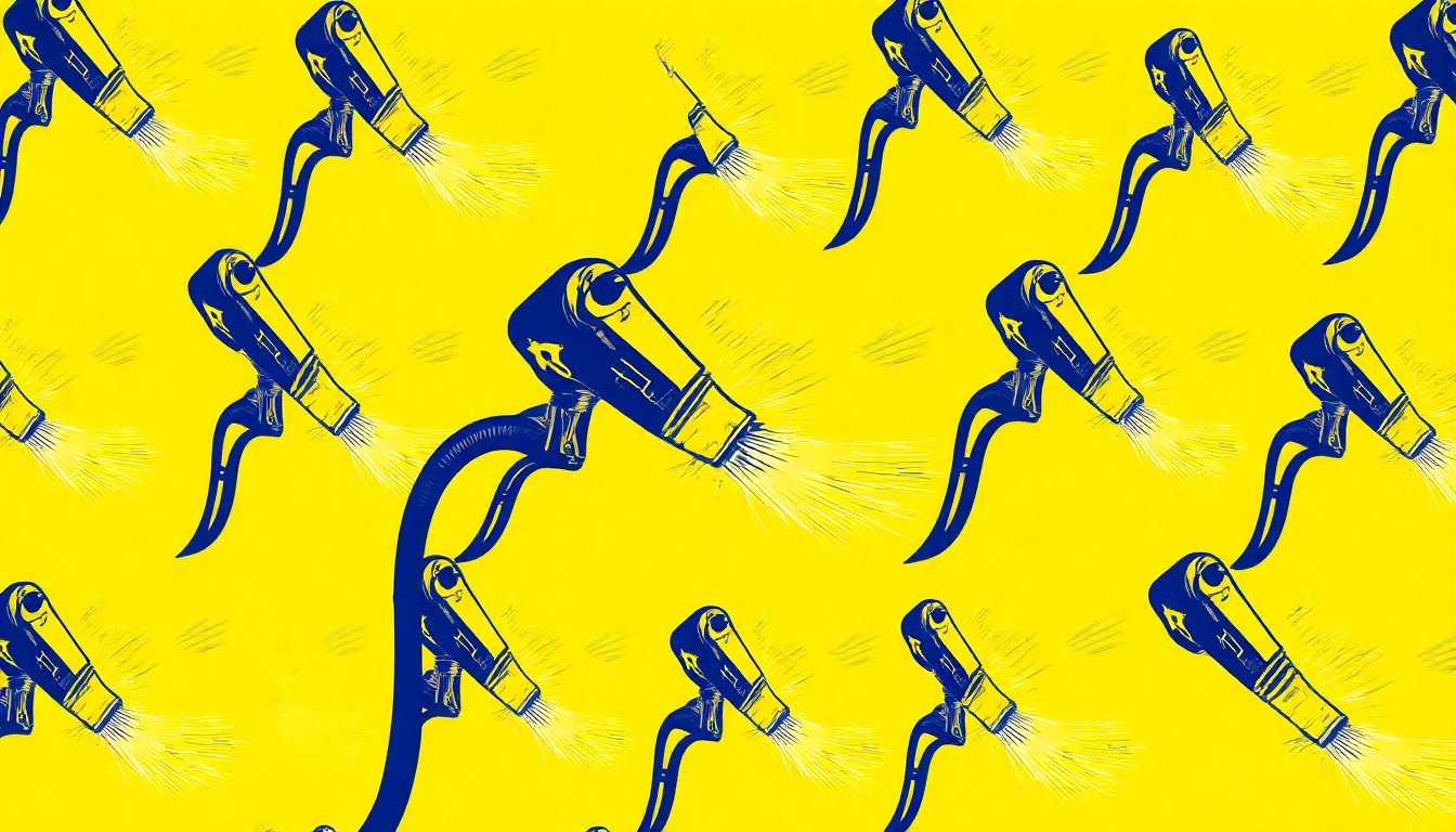 A vibrant, pop art-inspired illustration featuring a repeated silkscreen image of a welder's torch, conveying the importance of vocational education and technical skills.