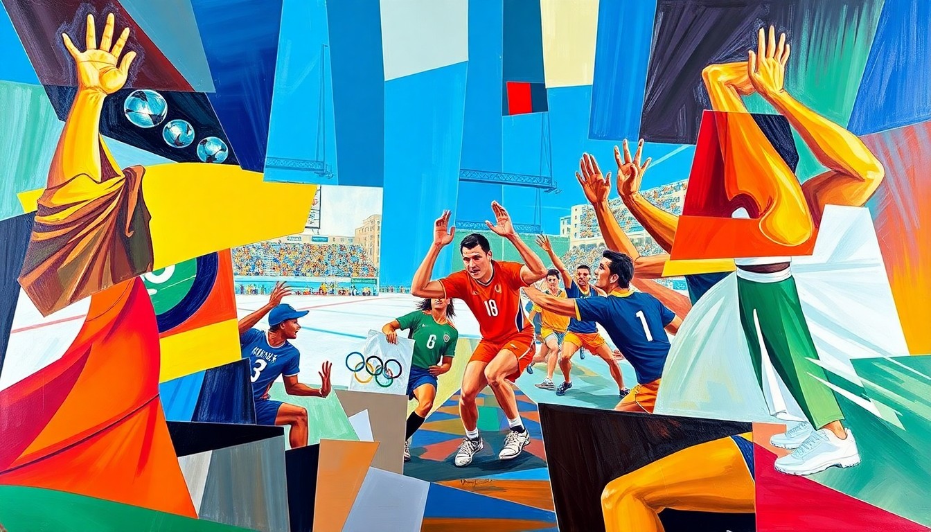 A fractured, cubist-style painting depicting an intense Olympic sporting event, with the athletes and equipment broken down into sharp, overlapping geometric shapes in a vibrant color palette.