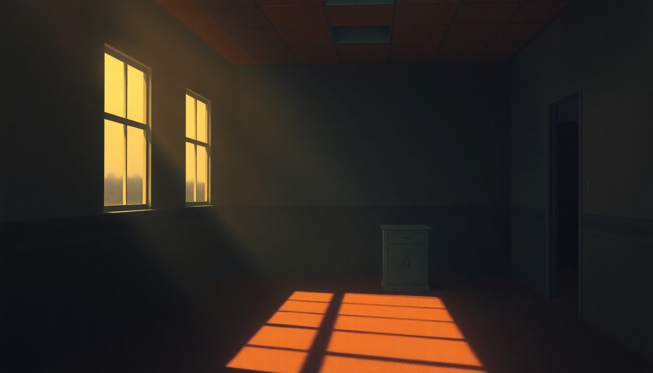 A dimly lit interior space with muted colors and long shadows, conveying a sense of quiet contemplation and the importance of these support services.