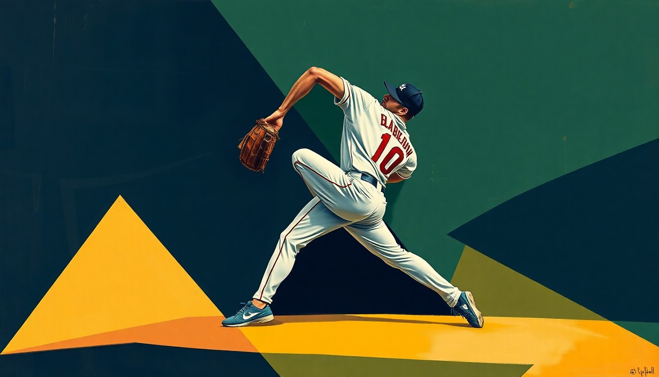 A cubist, geometric painting depicting a baseball pitcher's windup and delivery, with sharp, overlapping planes in muted tones of navy, forest green, and ochre, capturing the disruption and uncertainty caused by the Cubs' starting pitcher injuries.