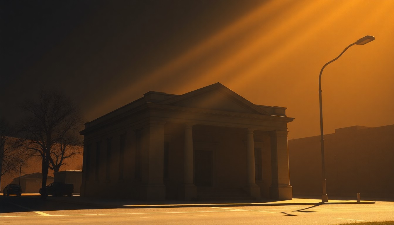 A realistic, nostalgic painting of a municipal building in warm, golden light, conveying a sense of civic contemplation and financial challenges facing the community.