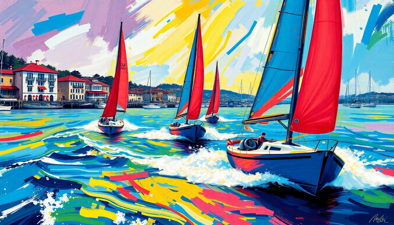 An abstract expressionist painting in vibrant neon colors, depicting the dynamic motion and energy of sailboats racing across a body of water, with the blurred outlines of a marina and waterfront in the background, capturing the celebratory spirit of the Vallejo Yacht Club's Opening Day event.